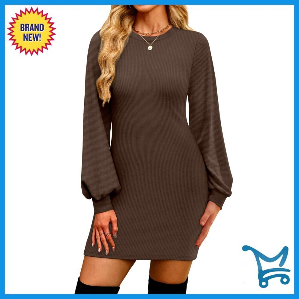 Puff Sleeve Bodycon Sweater Dress Ribbed Knit Slim Fit Fall Winter Fashion